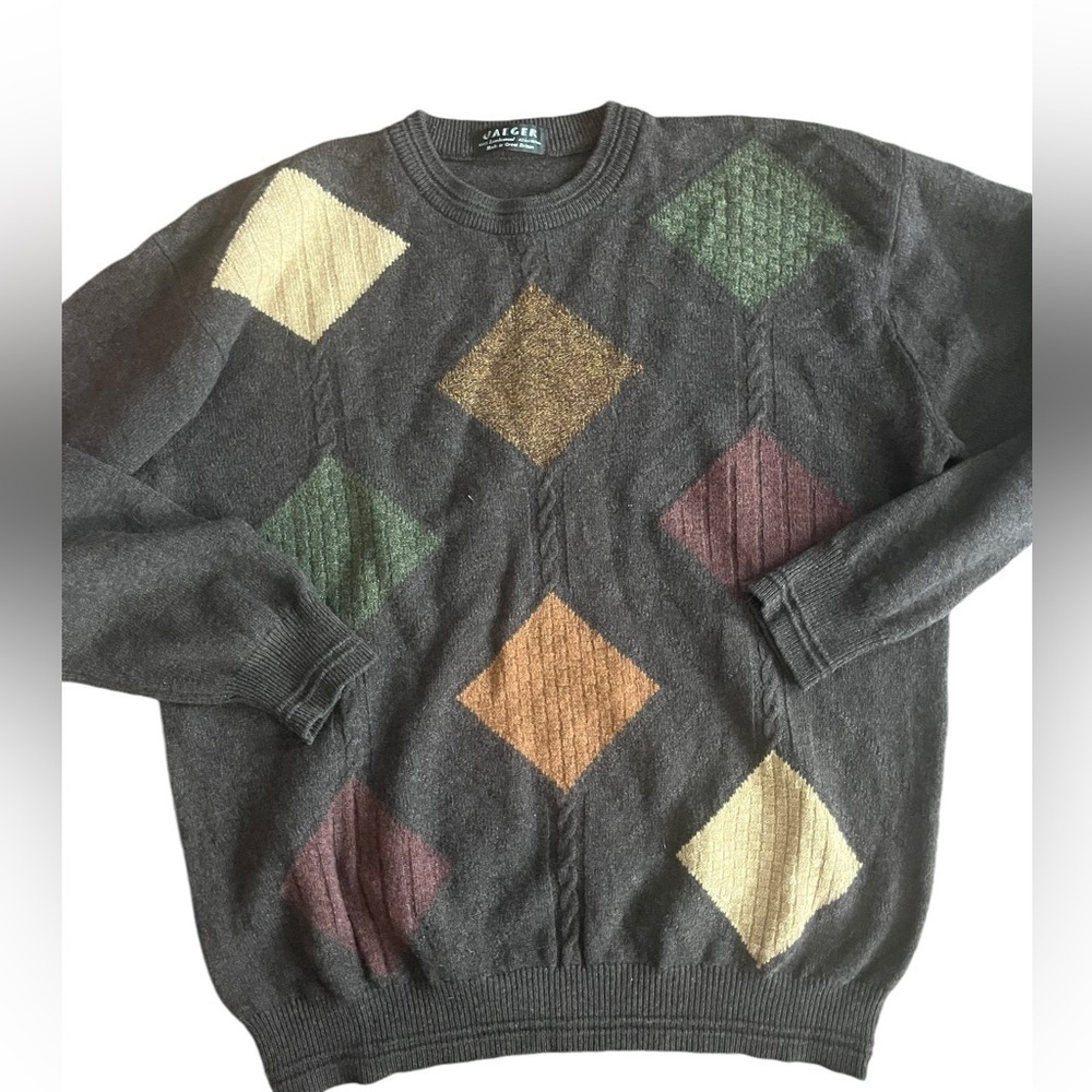Lambswool grandpa sweater geometric shapes brown and fall colours crewneck L